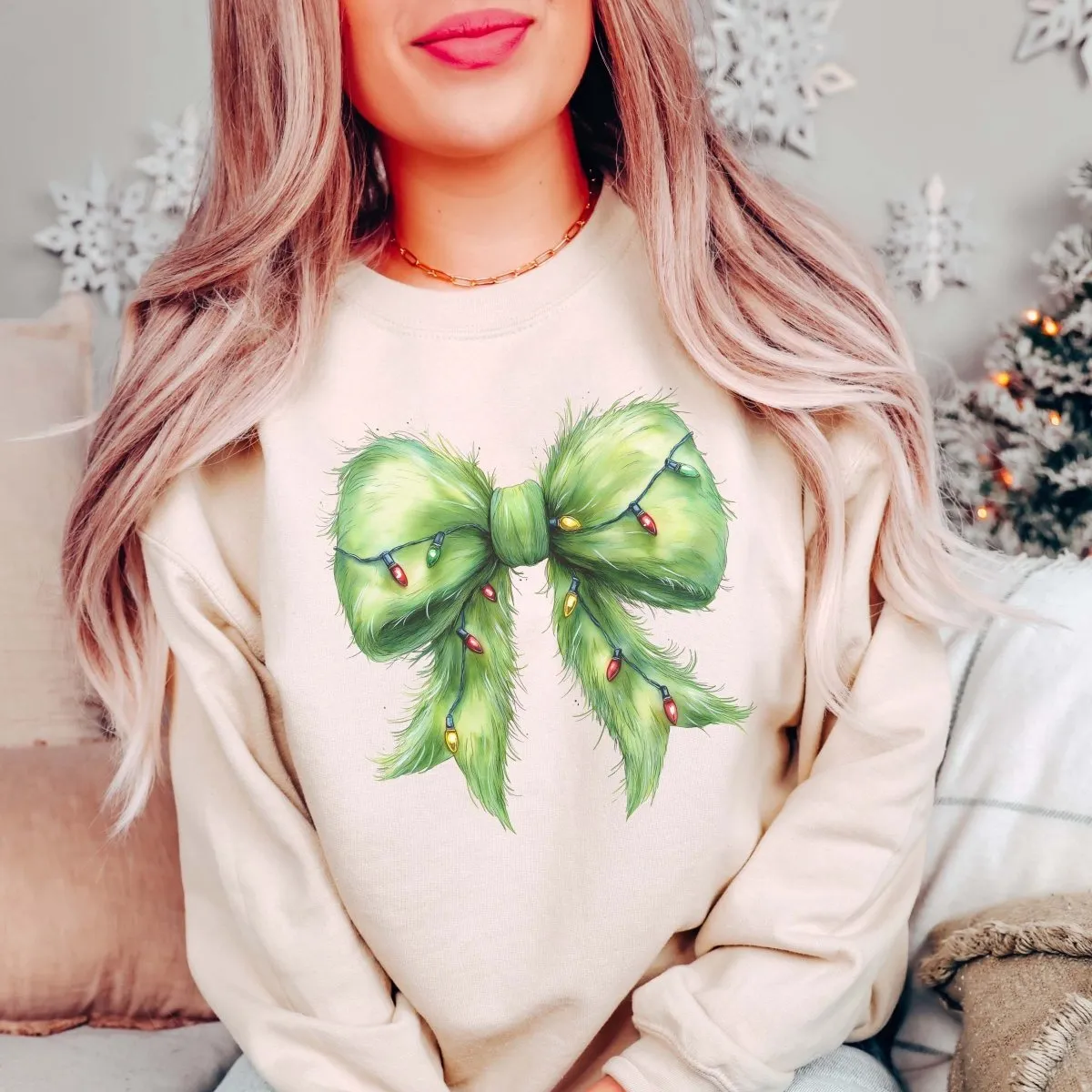 Green Fur Christmas Lights Bow Wholesale Graphic Sweatshirt - Fast Shipping