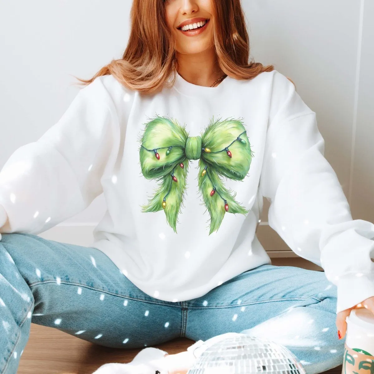 Green Fur Christmas Lights Bow Wholesale Graphic Sweatshirt - Fast Shipping