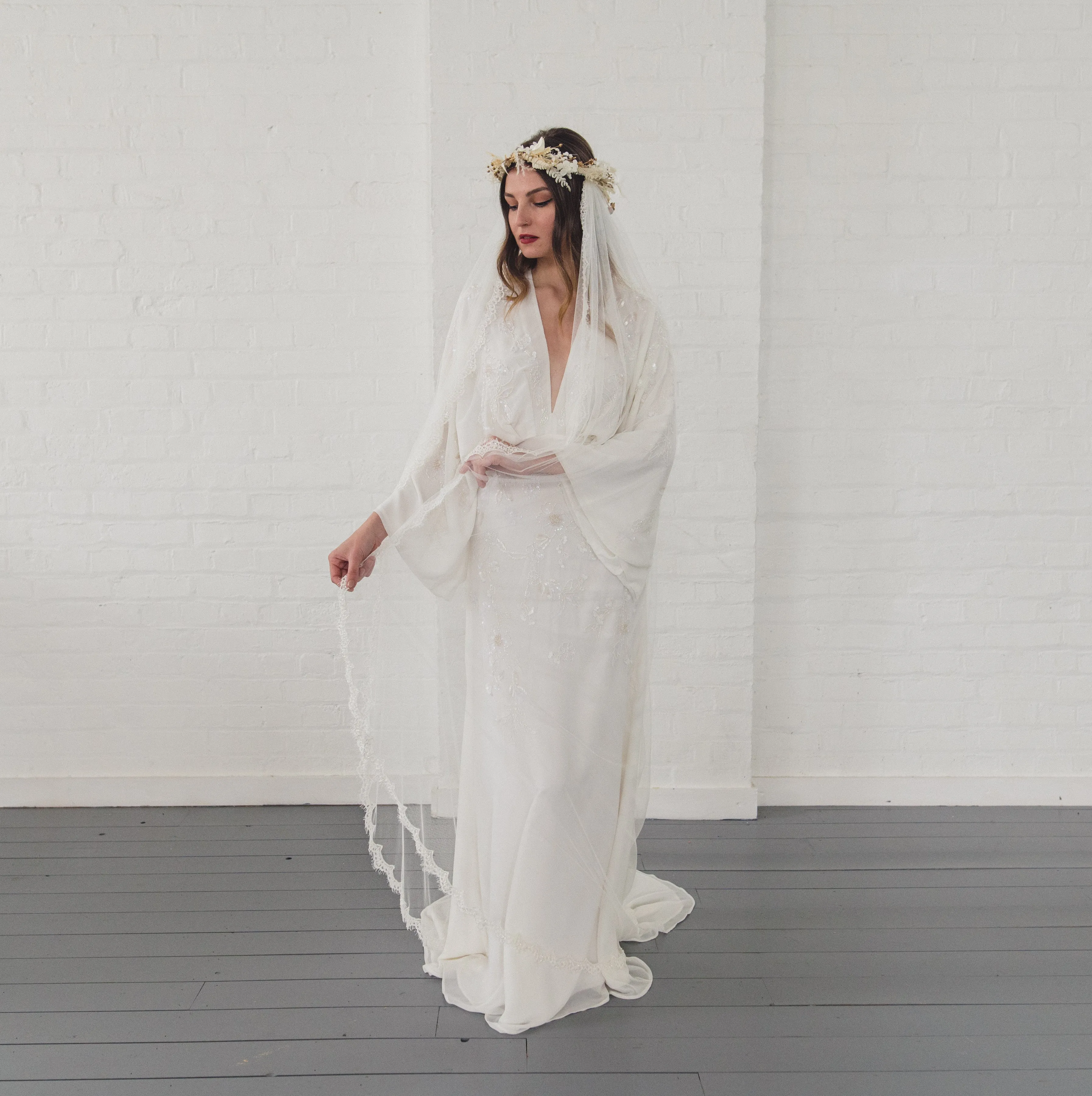 HAZEL | Soft draped veil with narrow beaded lace edge