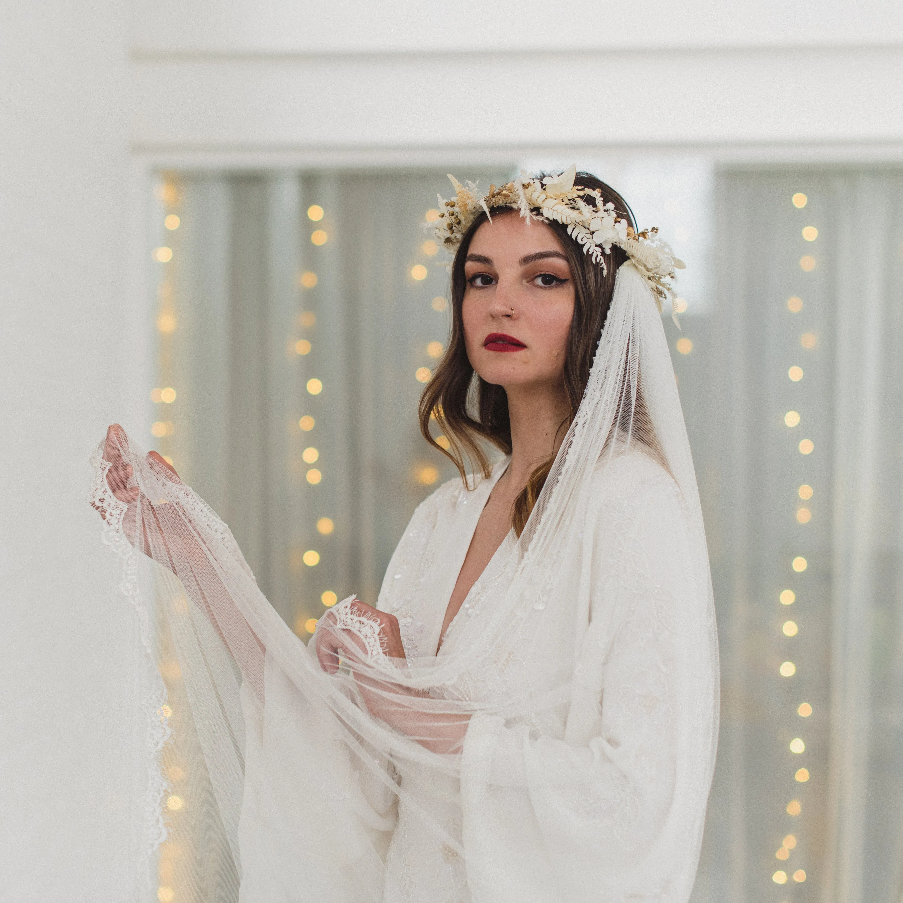 HAZEL | Soft draped veil with narrow beaded lace edge