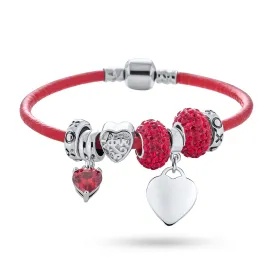 Heart Lover Couples Valentine Charm Bracelet with Red Leather & Silver Clasp