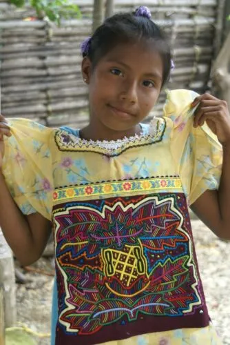 Kuna Indian Folk Art Mola blouse panel from San Blas Islands, Panama. Hand stitched Applique: Birds and Bow & Arrow 20" x 14" (65A)