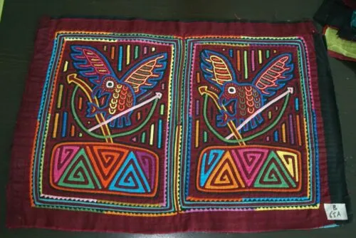 Kuna Indian Folk Art Mola blouse panel from San Blas Islands, Panama. Hand stitched Applique: Birds and Bow & Arrow 20" x 14" (65A)