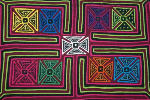 Kuna Indian Folk Art Mola Blouse Panel from San Blas Islands, Panama. Hand Stitched Reverse Applique:  Geometric Abstract Bows Motif 16.5" x 12"(44B)