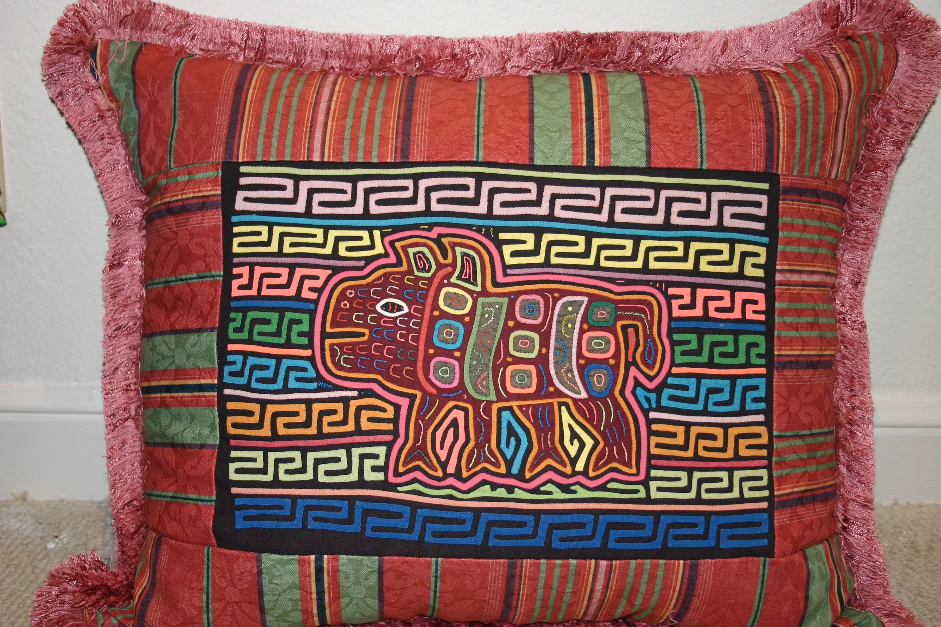 Kuna Indian Folk Art Mola Blouse Panel from San Blas Islands, Panama. Hand Stitched Reverse Applique:  Geometric Abstract Bows Motif 16.5" x 12"(44B)