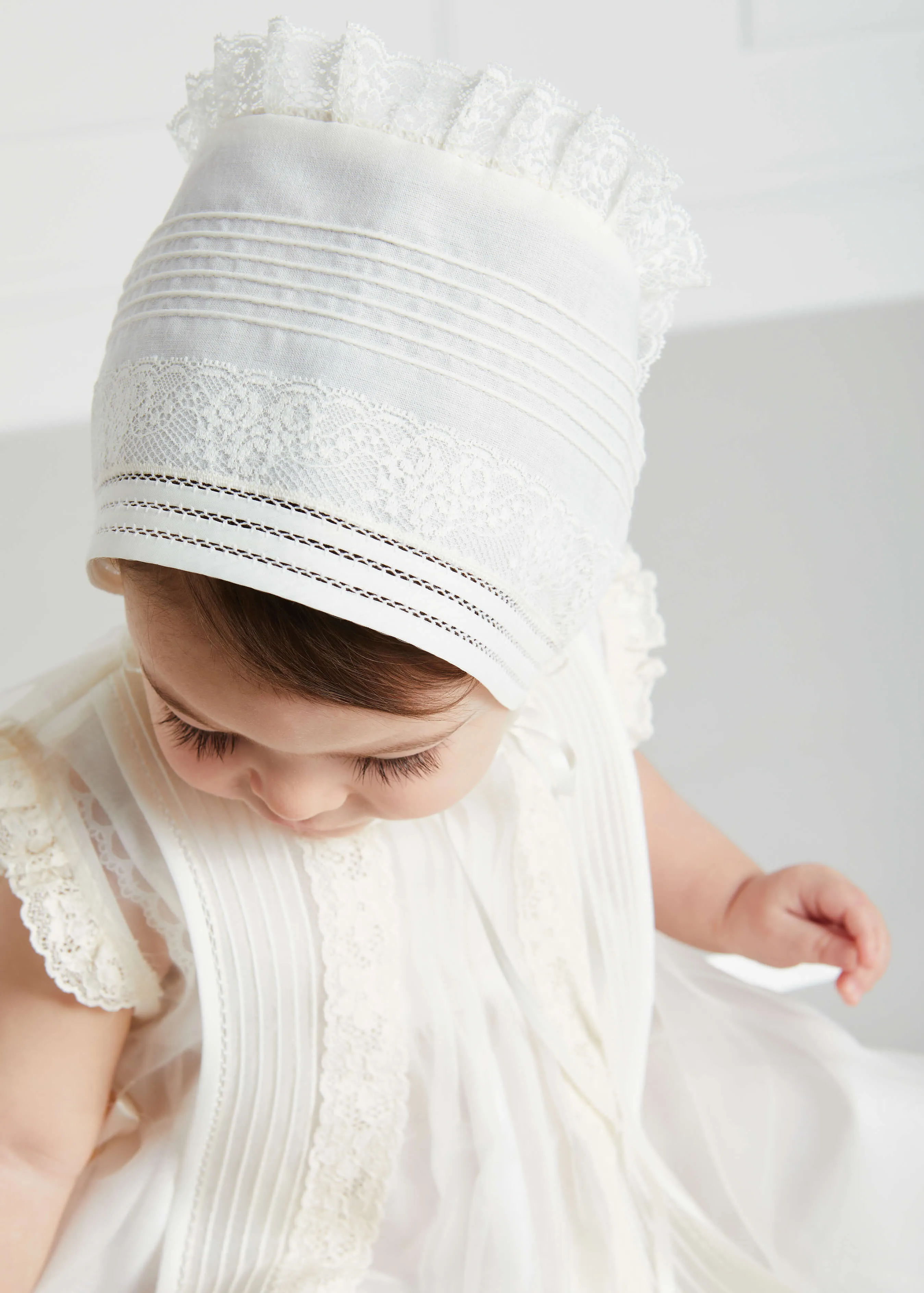 Lace Trim Fine Pleated Dress in Ivory (6mths-2yrs)