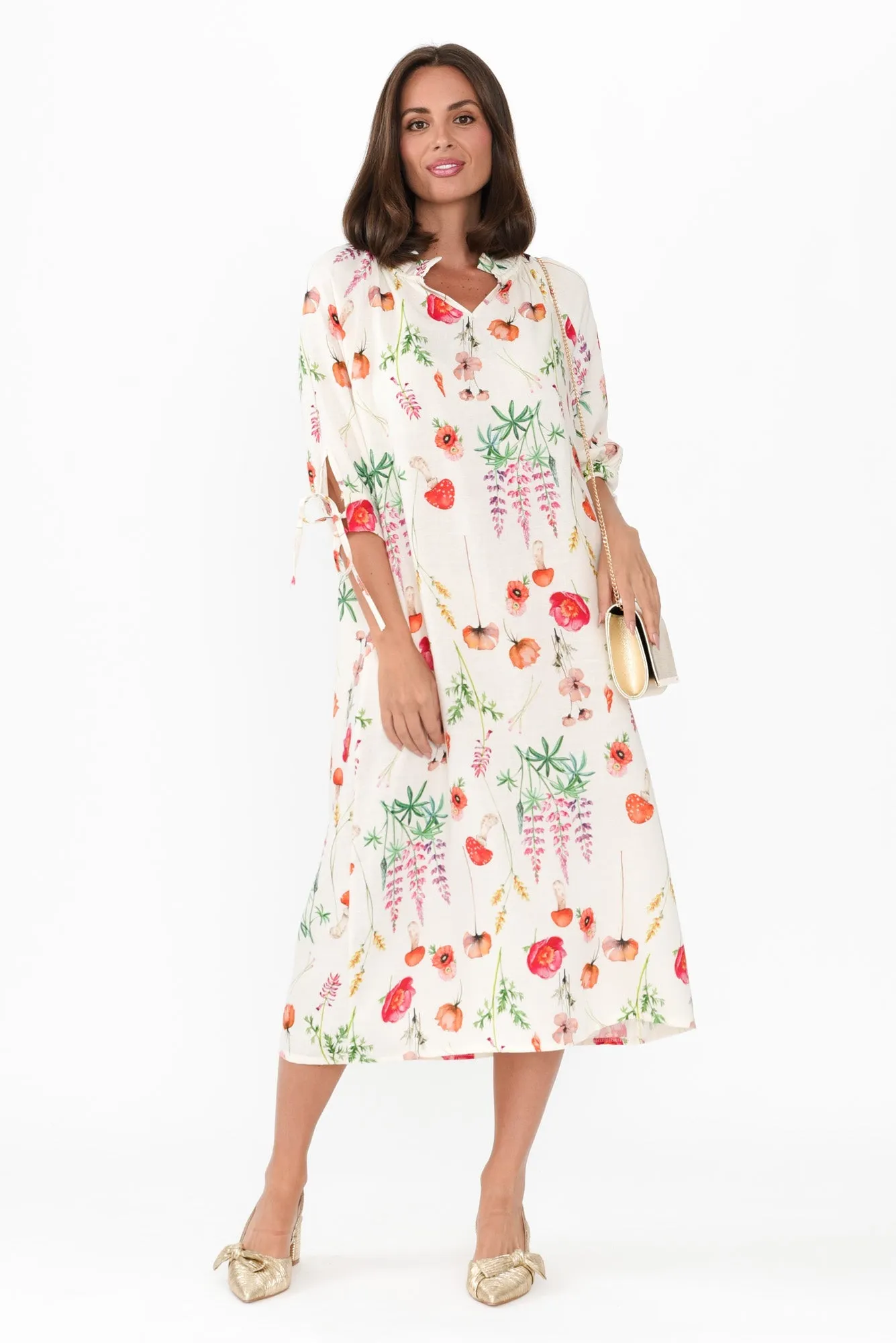 Mariel White Floral Linen Blend Dress