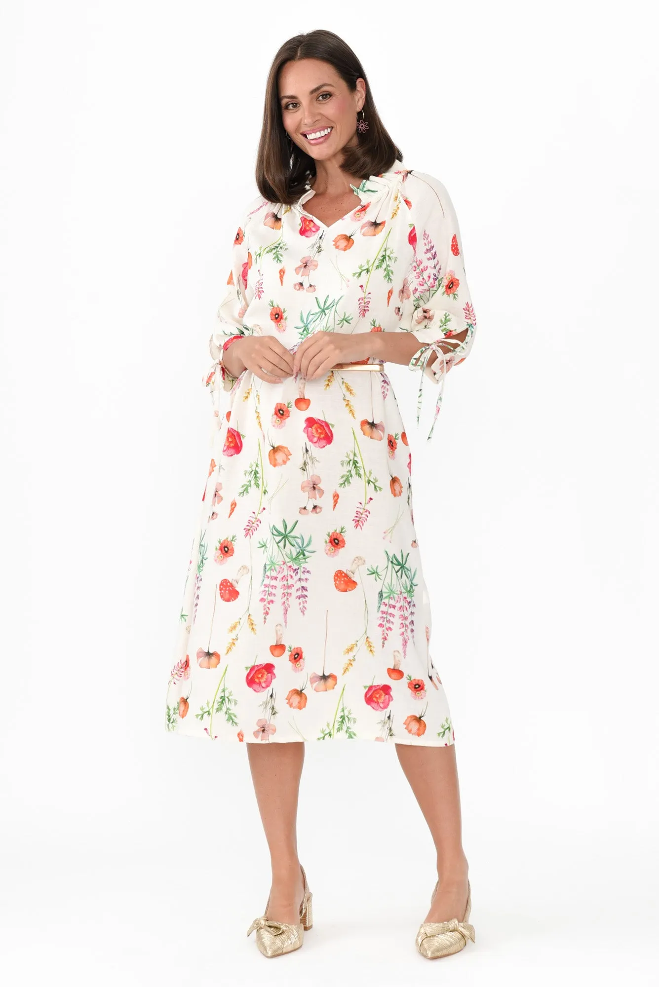 Mariel White Floral Linen Blend Dress