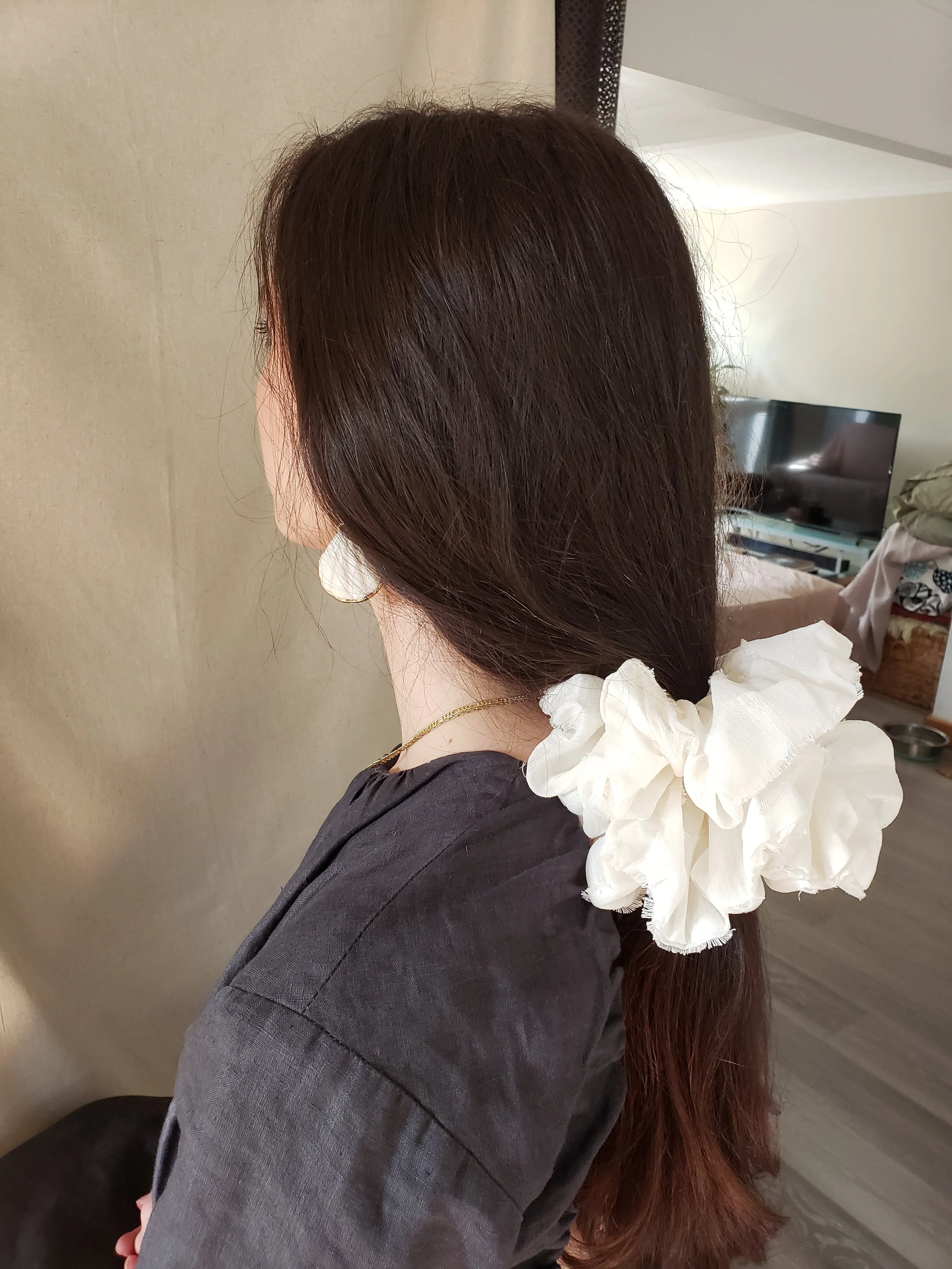 Mega Scrunchie White Embroidered Silk