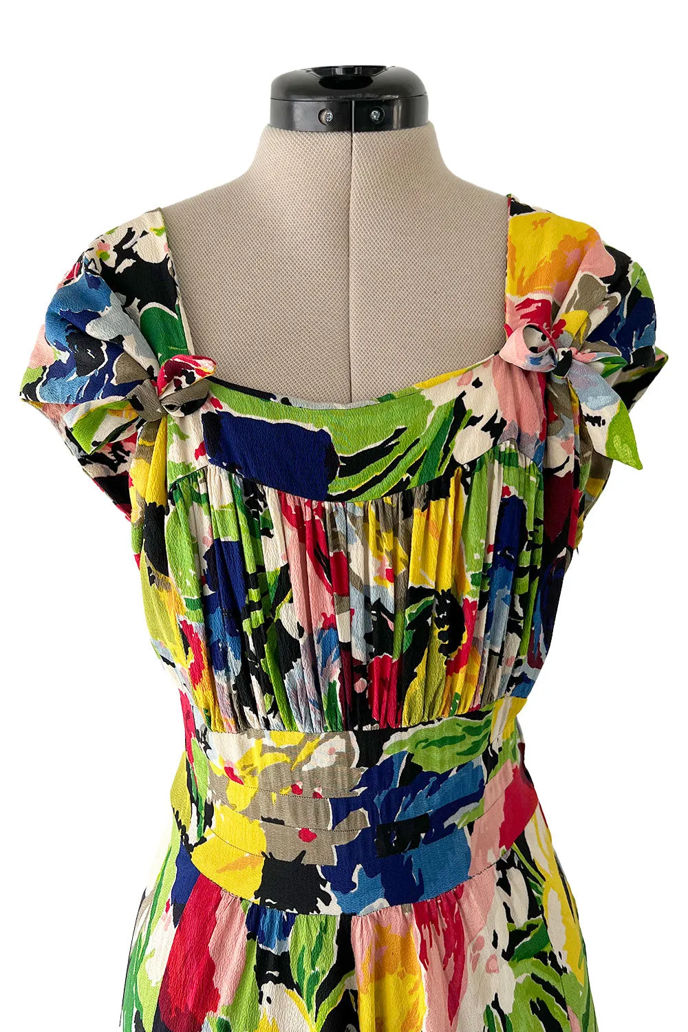 Outstanding 1930s Unlabeled Vibrant & Joyous Mutli Colour Floral Silk Crepe Dress