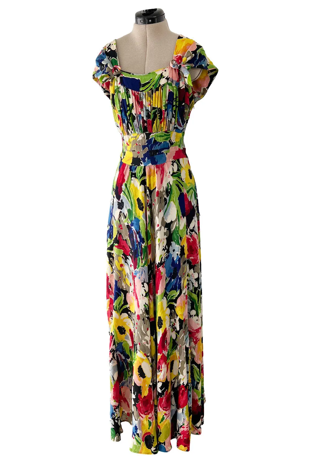 Outstanding 1930s Unlabeled Vibrant & Joyous Mutli Colour Floral Silk Crepe Dress