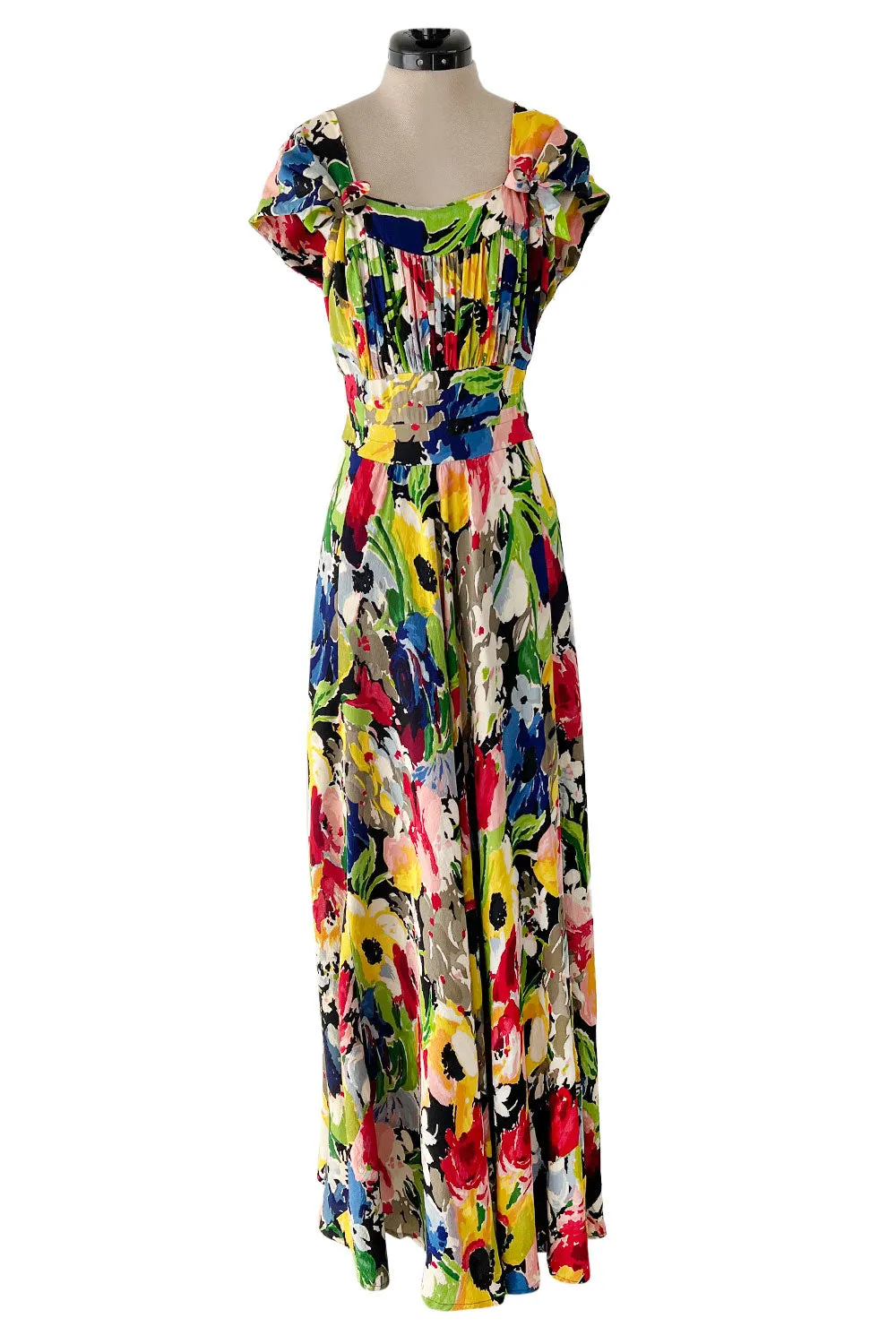 Outstanding 1930s Unlabeled Vibrant & Joyous Mutli Colour Floral Silk Crepe Dress