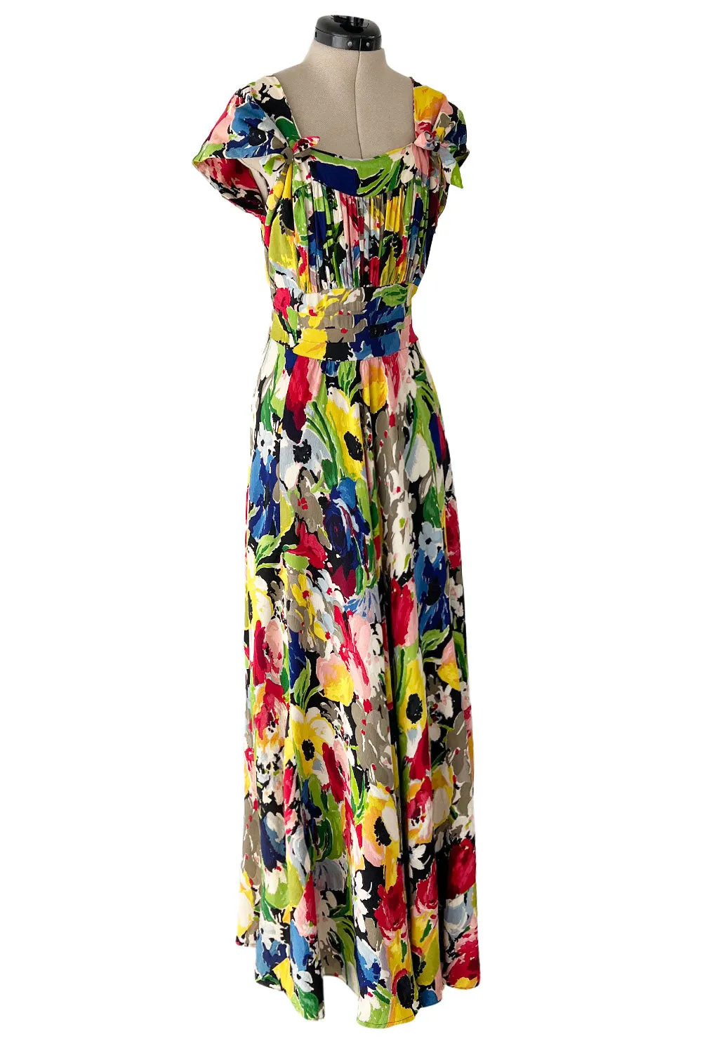 Outstanding 1930s Unlabeled Vibrant & Joyous Mutli Colour Floral Silk Crepe Dress