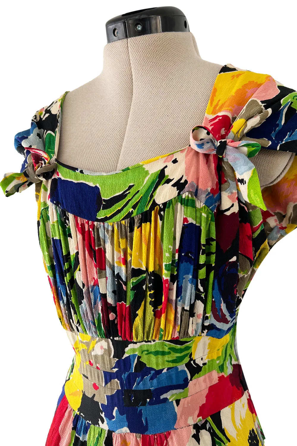 Outstanding 1930s Unlabeled Vibrant & Joyous Mutli Colour Floral Silk Crepe Dress