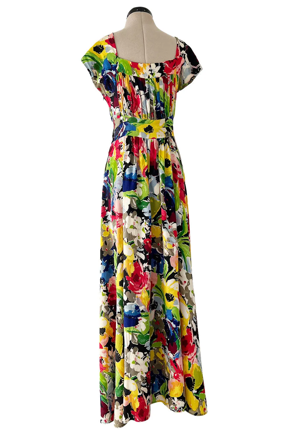 Outstanding 1930s Unlabeled Vibrant & Joyous Mutli Colour Floral Silk Crepe Dress