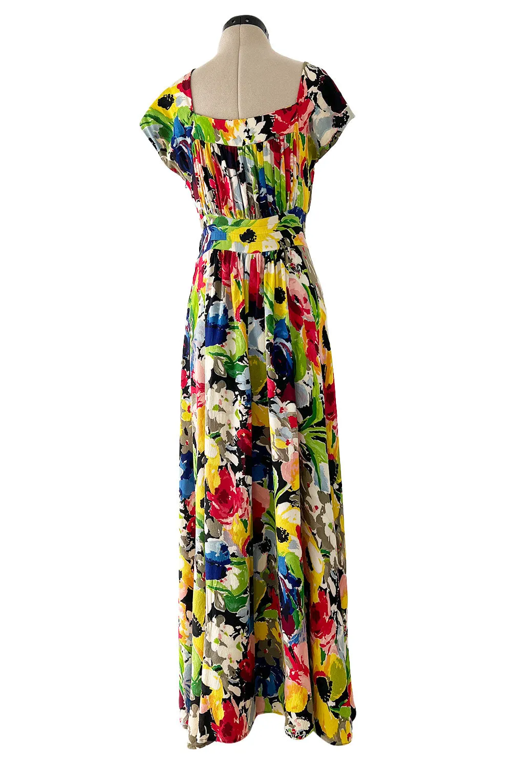 Outstanding 1930s Unlabeled Vibrant & Joyous Mutli Colour Floral Silk Crepe Dress