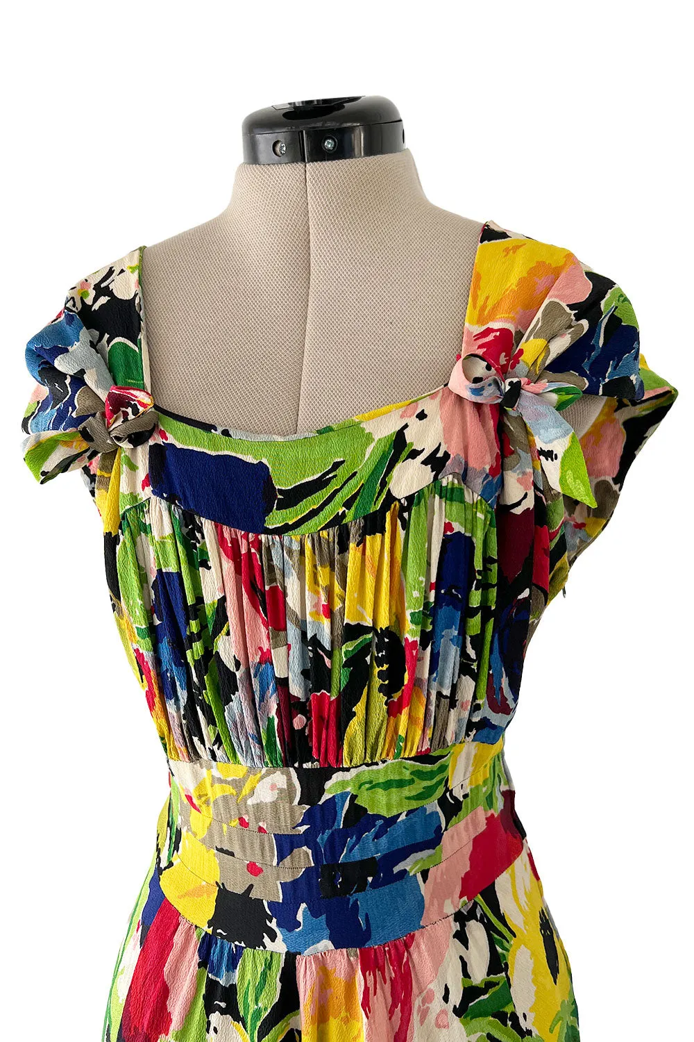 Outstanding 1930s Unlabeled Vibrant & Joyous Mutli Colour Floral Silk Crepe Dress