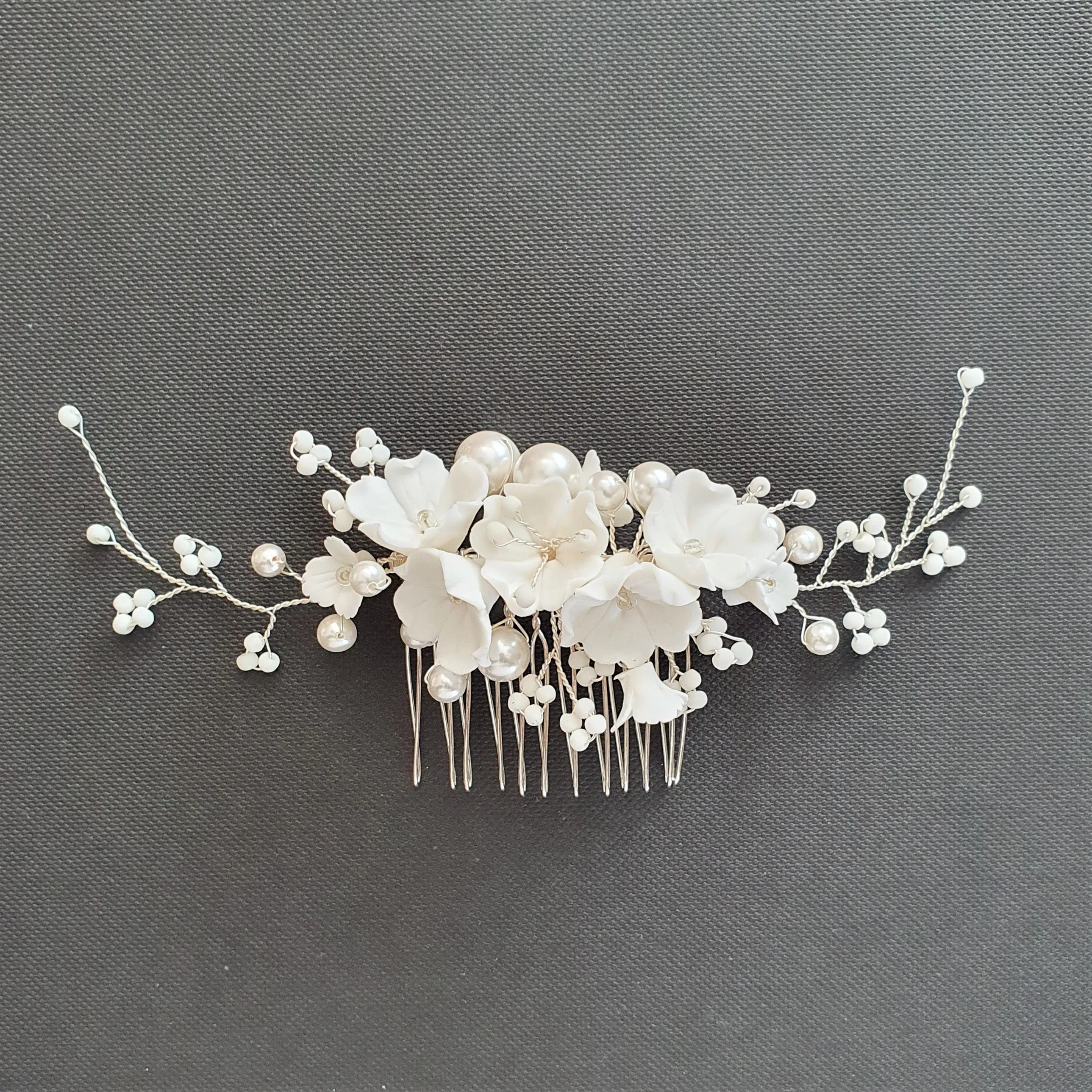 Pearl Bridal Hair Comb with White Flowers-Daphne