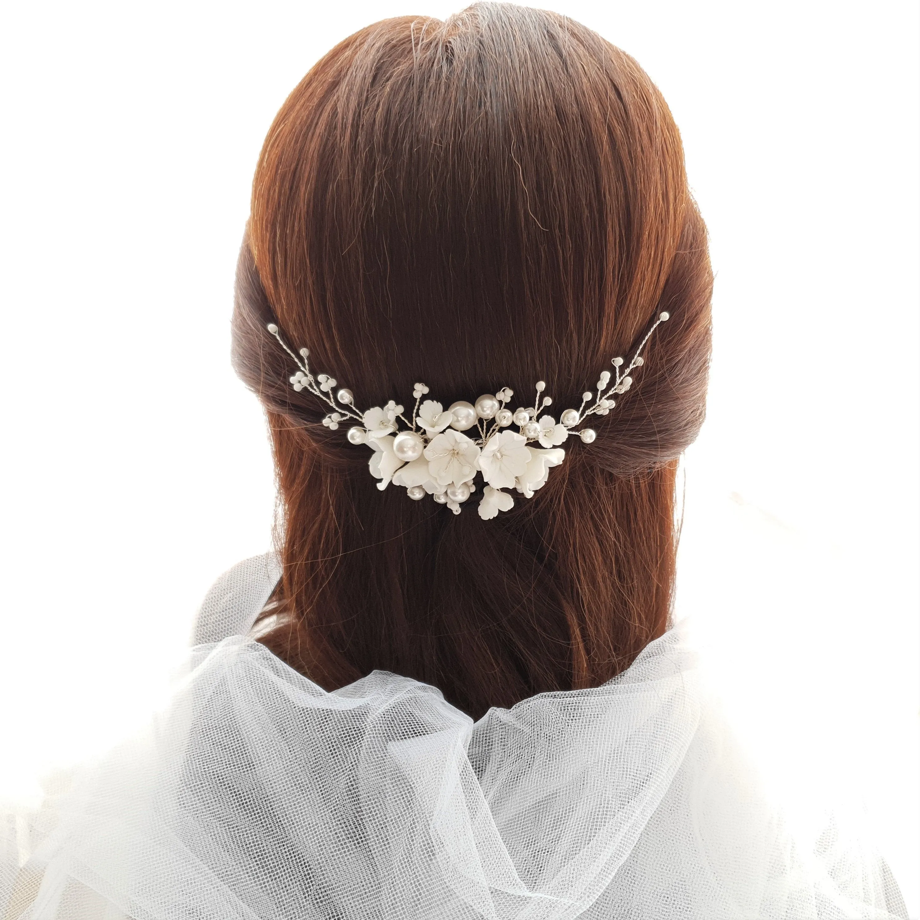 Pearl Bridal Hair Comb with White Flowers-Daphne