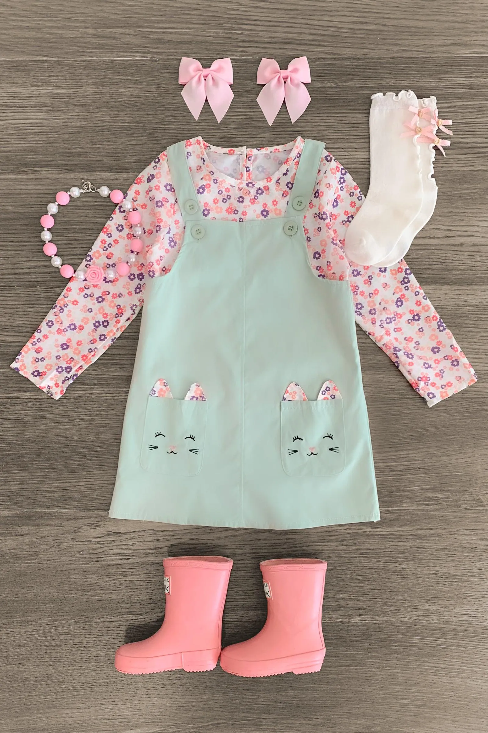 Pink Floral Cat Pocket Jumper Dress Set