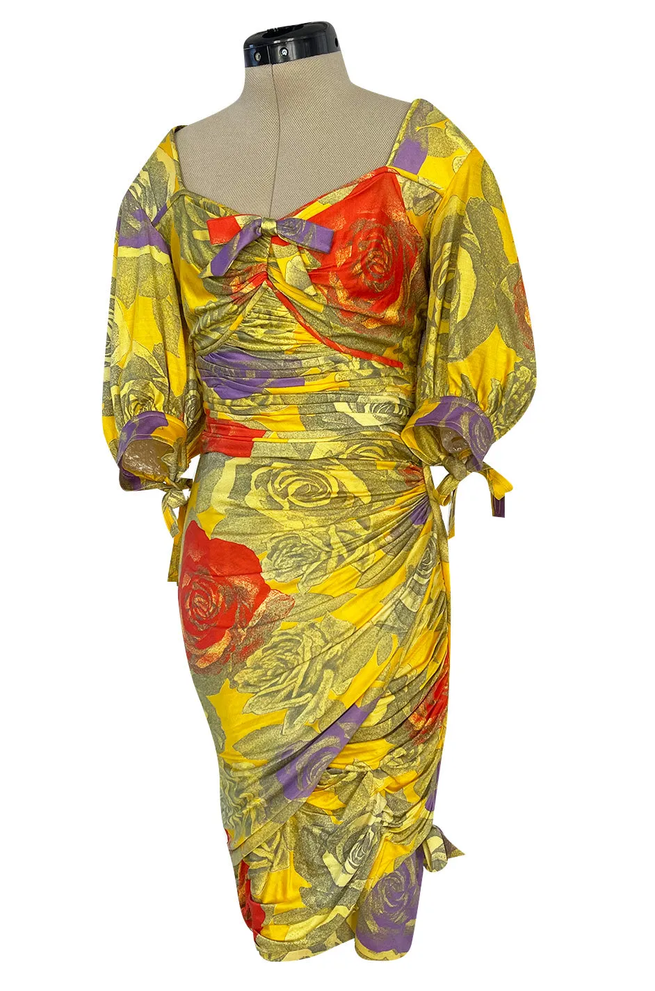 Prettiest 1980s Emanuel Ungaro Yellow Floral Print Silk Jersey Dress w Cut Outs & Bows