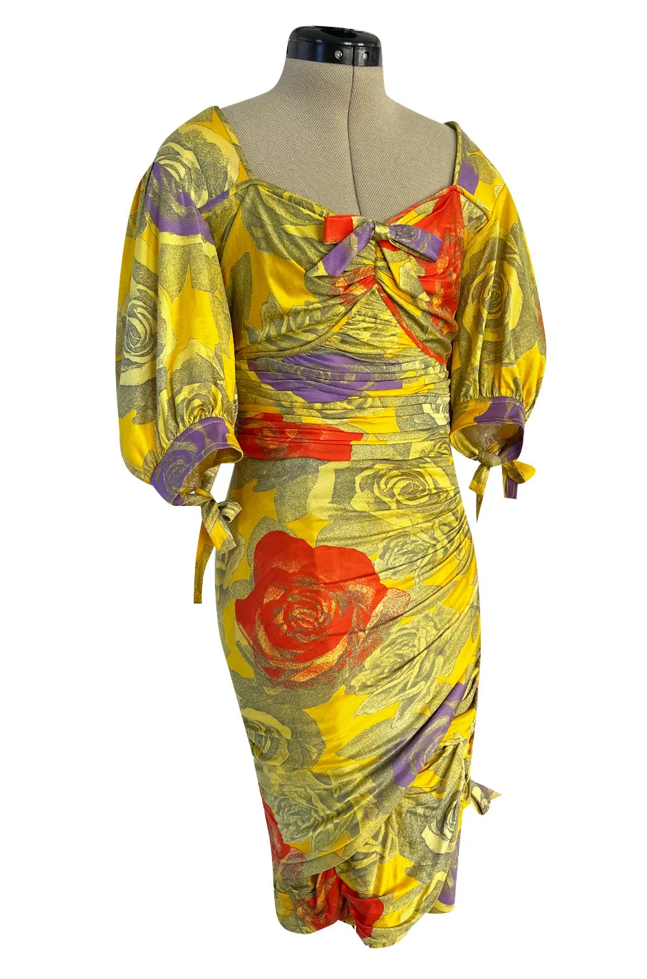 Prettiest 1980s Emanuel Ungaro Yellow Floral Print Silk Jersey Dress w Cut Outs & Bows