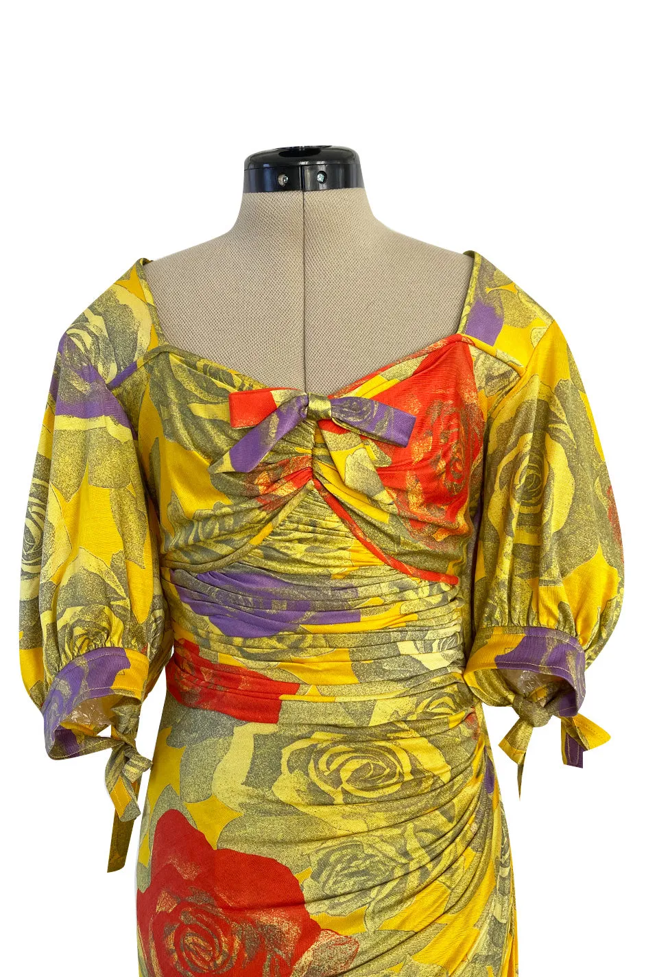 Prettiest 1980s Emanuel Ungaro Yellow Floral Print Silk Jersey Dress w Cut Outs & Bows