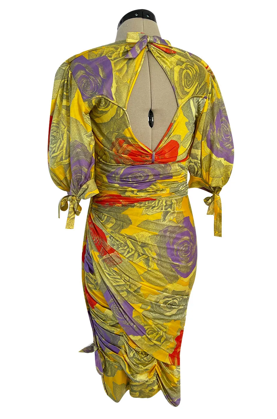 Prettiest 1980s Emanuel Ungaro Yellow Floral Print Silk Jersey Dress w Cut Outs & Bows