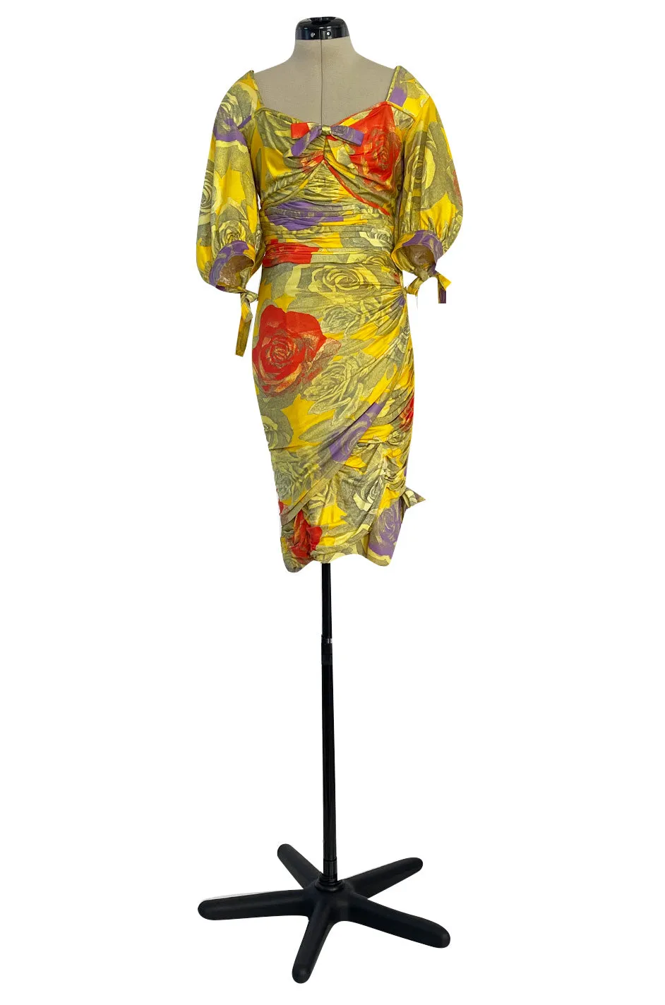 Prettiest 1980s Emanuel Ungaro Yellow Floral Print Silk Jersey Dress w Cut Outs & Bows