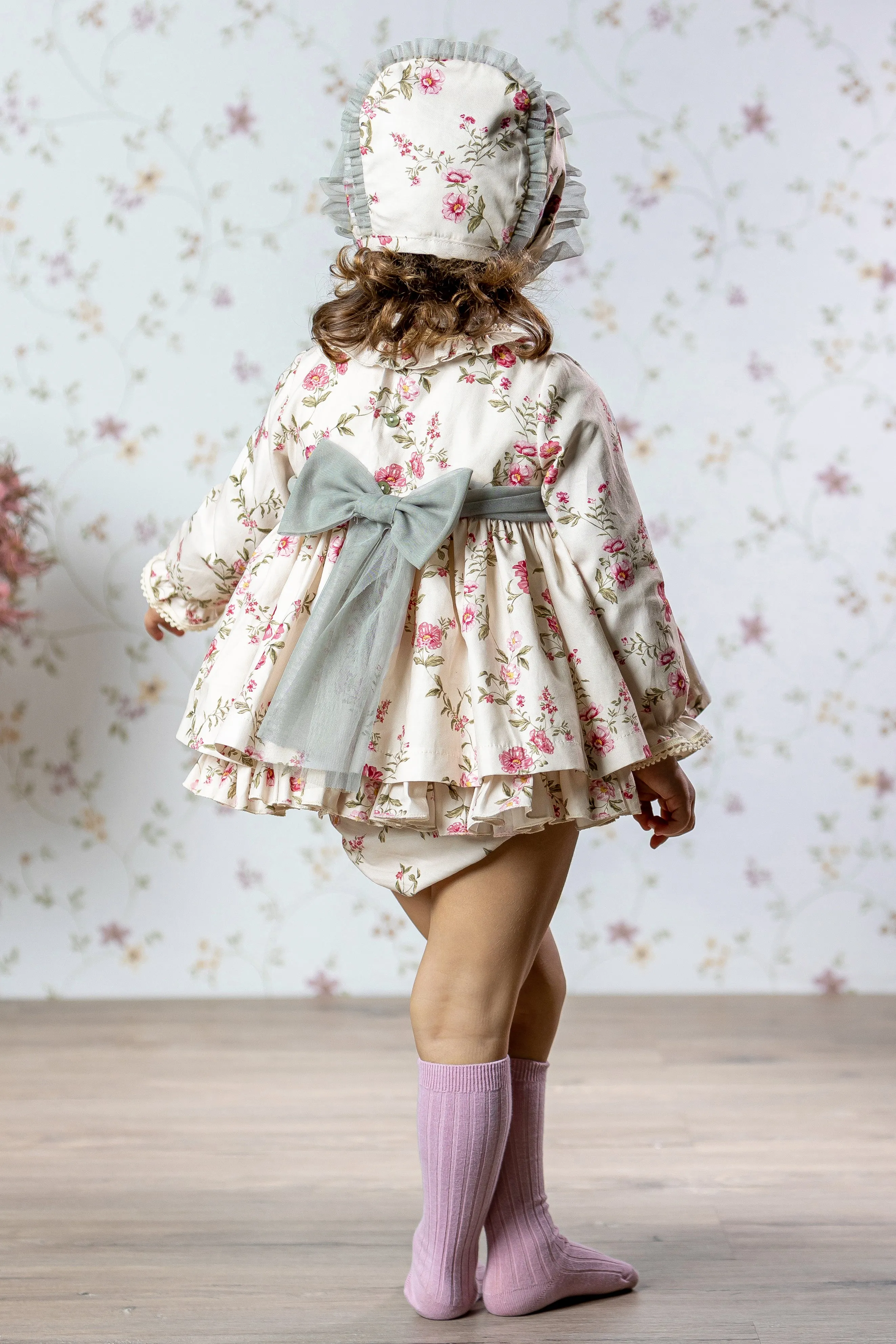 "Henrietta" Cream & Pink Floral Dress, Bloomers & Bonnet