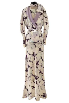 Rare Dated 1934 Bias Cut Soft Purple and Ivory Floral Print Silk Dress & Jacket w MOP Belt