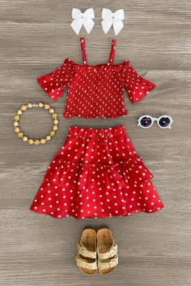 Red Cold Shoulder Polka Dot Skirt Set