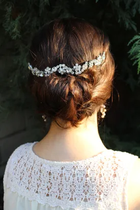 Rhinestone Crystal Bridal Headband, Silver Vine and Flower Hair Chain