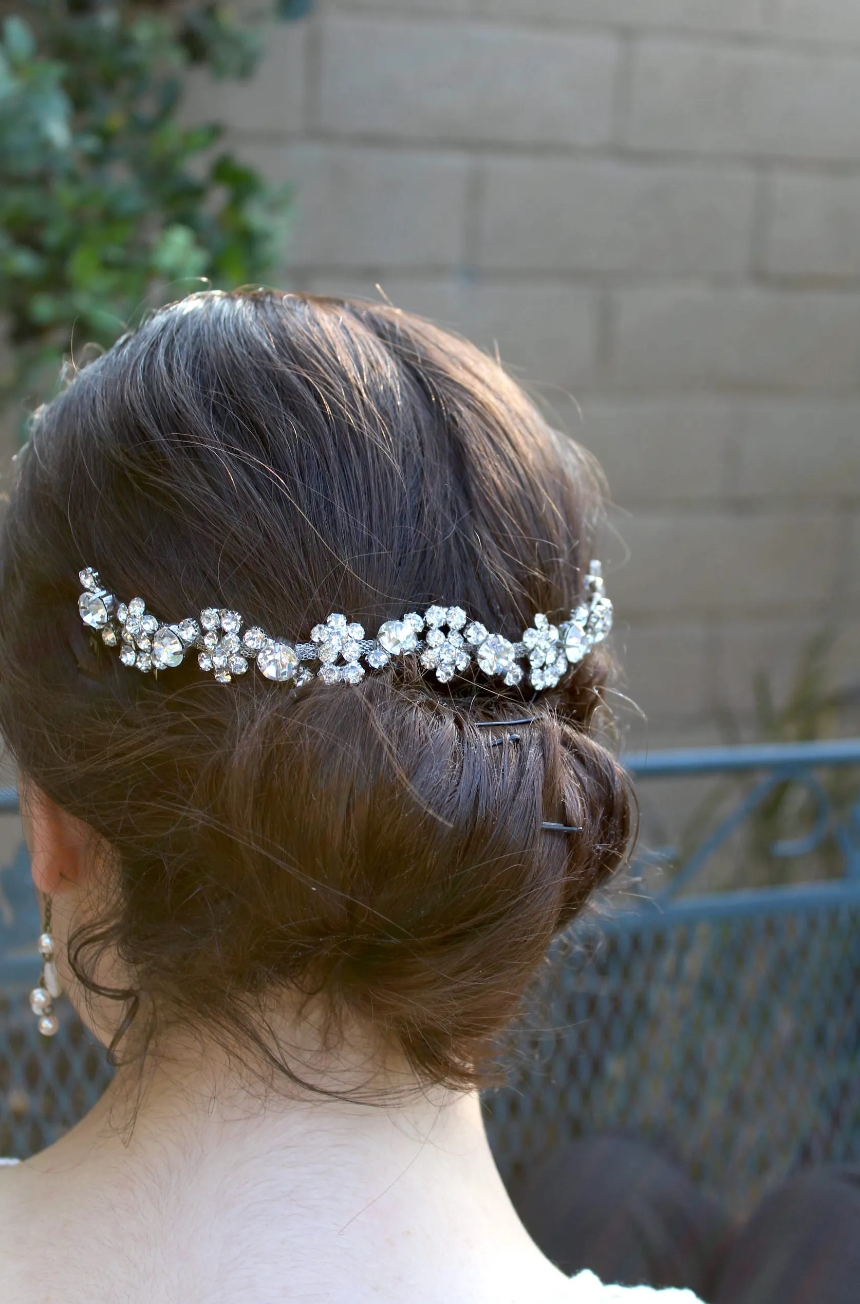 Rhinestone Crystal Bridal Headband, Silver Vine and Flower Hair Chain