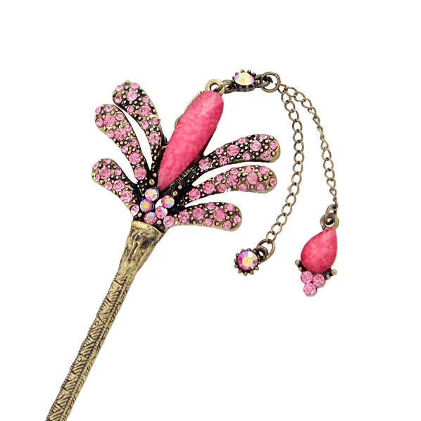 Rhinestone Floral Hair Stick in Antique Brass Finish with Tassels