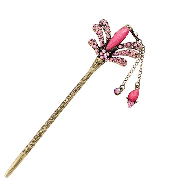 Rhinestone Floral Hair Stick in Antique Brass Finish with Tassels