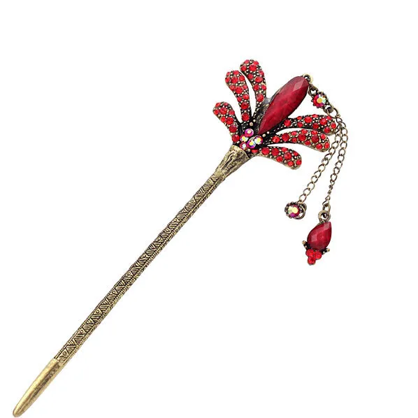 Rhinestone Floral Hair Stick in Antique Brass Finish with Tassels