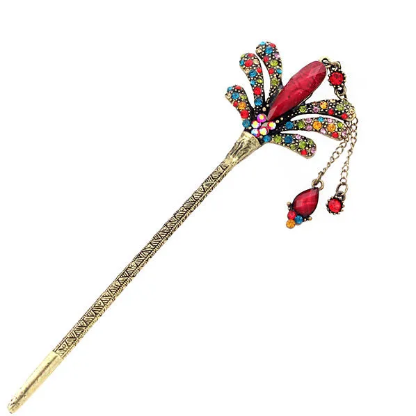 Rhinestone Floral Hair Stick in Antique Brass Finish with Tassels