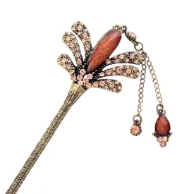 Rhinestone Floral Hair Stick in Antique Brass Finish with Tassels