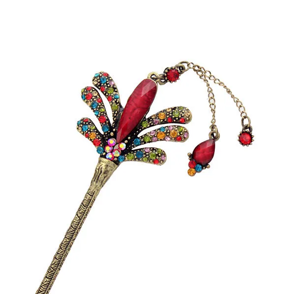 Rhinestone Floral Hair Stick in Antique Brass Finish with Tassels