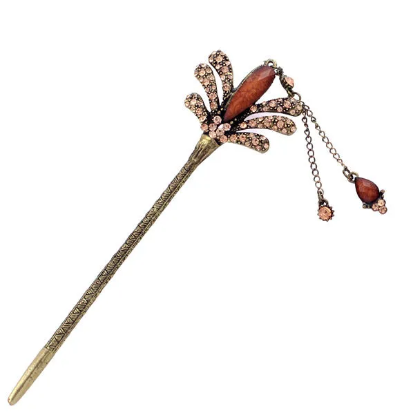 Rhinestone Floral Hair Stick in Antique Brass Finish with Tassels