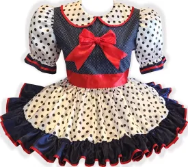 Trudy Custom Fit Nave White Satin Polka Dots Red Bow Adult Sissy Dress by Leanne's