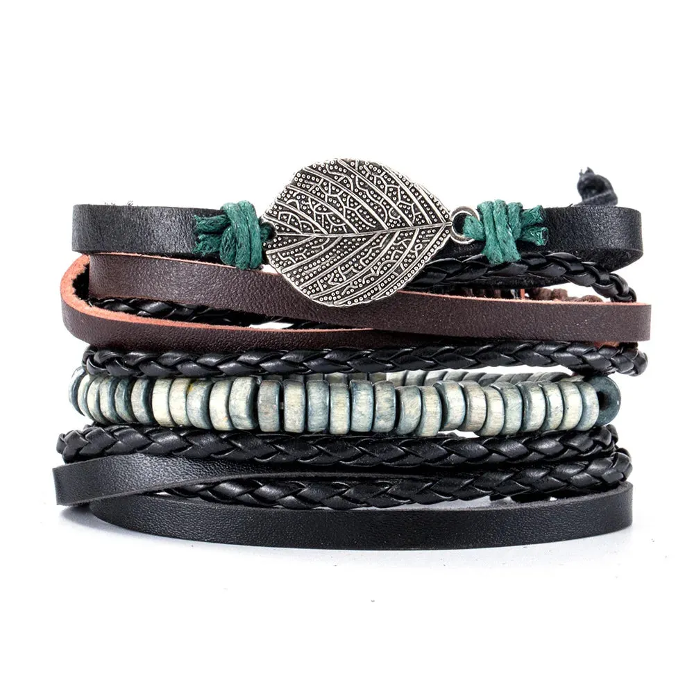 Vintage Style 4pcs Set Braided Wrap Leather Man Bracelets Life Tree Rudder Charm Wood Beads Bracelet for Men Trendy Jewelry Gift