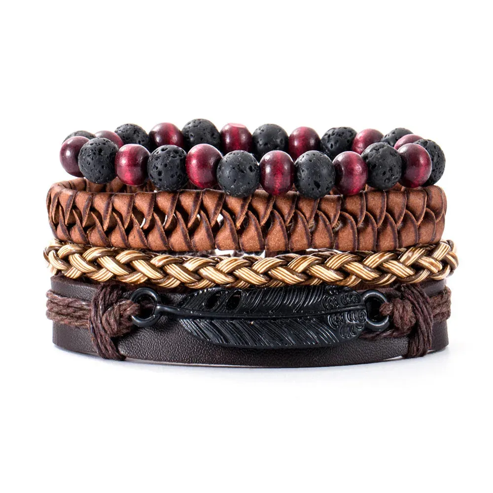 Vintage Style 4pcs Set Braided Wrap Leather Man Bracelets Life Tree Rudder Charm Wood Beads Bracelet for Men Trendy Jewelry Gift