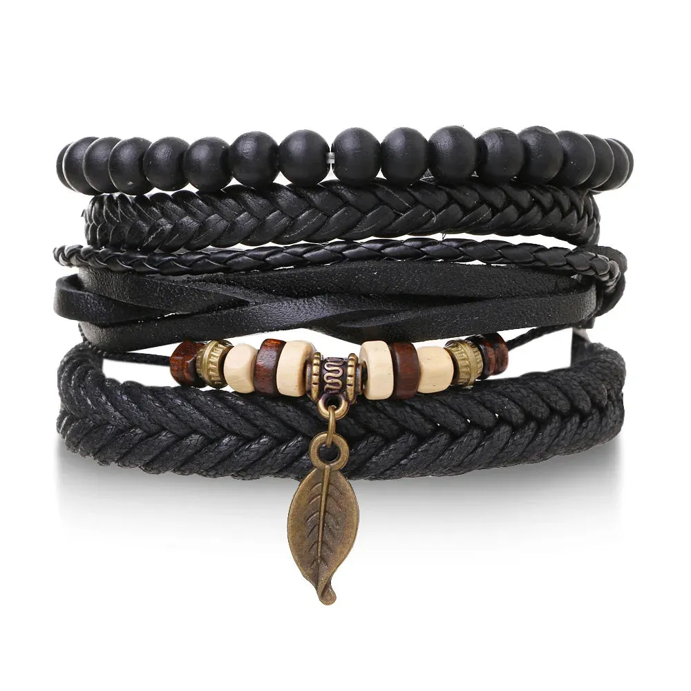 Vintage Style 4pcs Set Braided Wrap Leather Man Bracelets Life Tree Rudder Charm Wood Beads Bracelet for Men Trendy Jewelry Gift