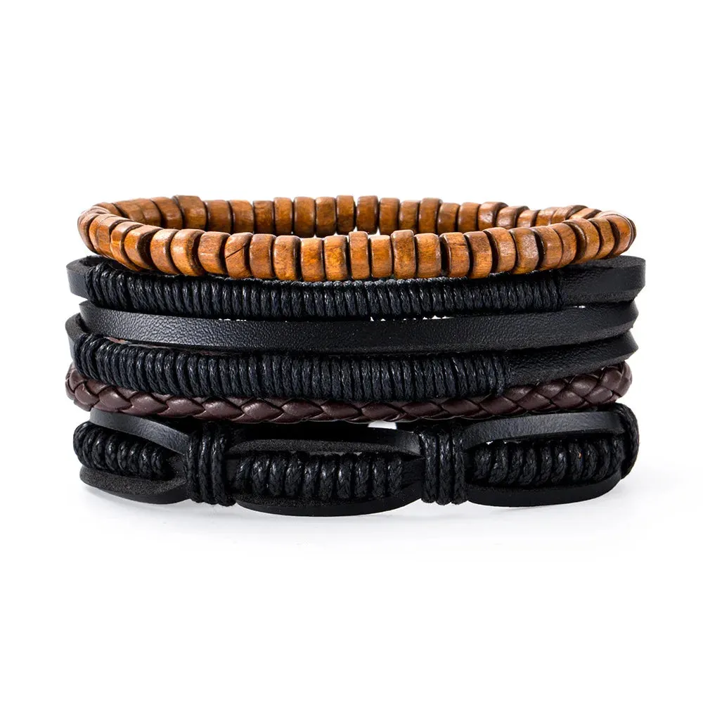 Vintage Style 4pcs Set Braided Wrap Leather Man Bracelets Life Tree Rudder Charm Wood Beads Bracelet for Men Trendy Jewelry Gift