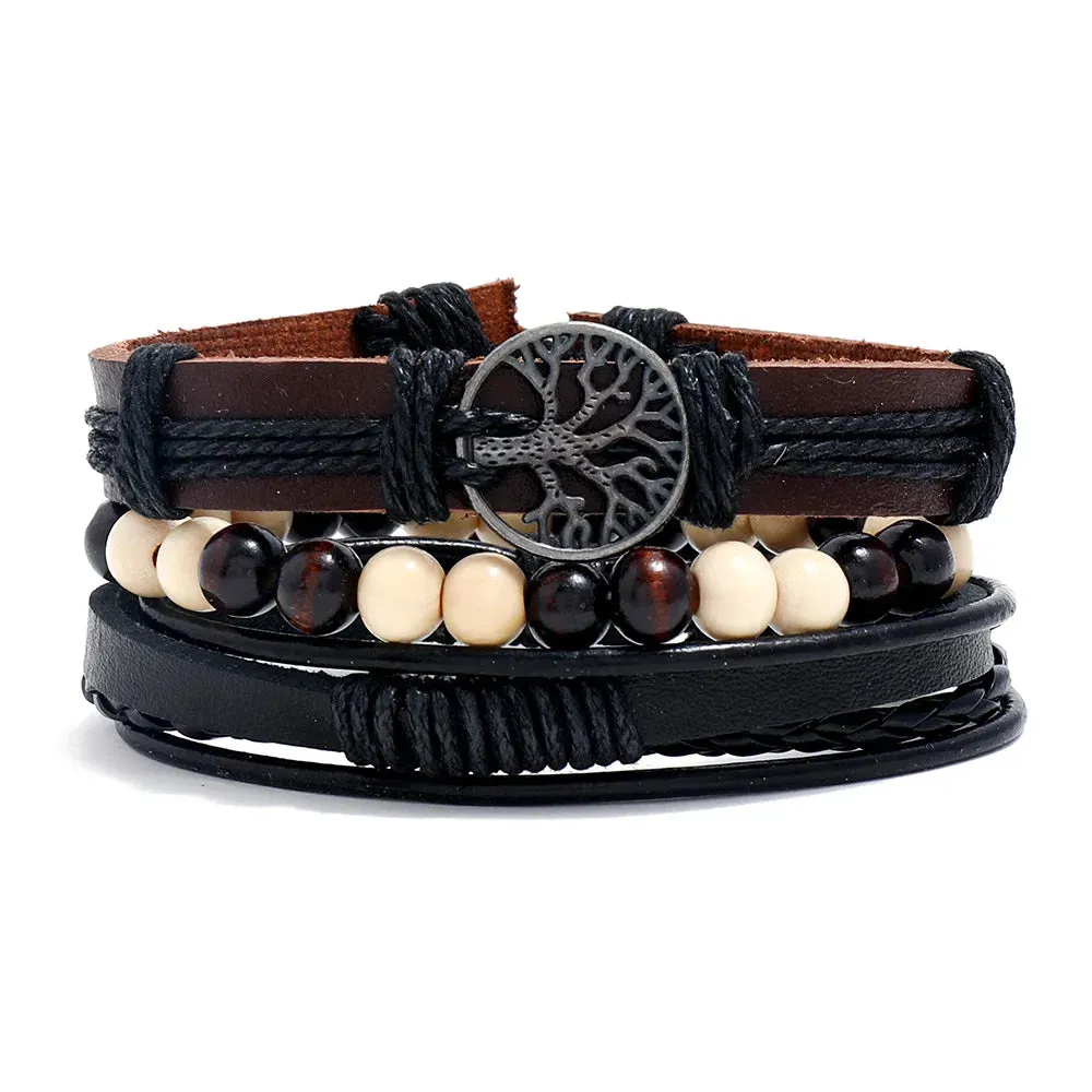 Vintage Style 4pcs Set Braided Wrap Leather Man Bracelets Life Tree Rudder Charm Wood Beads Bracelet for Men Trendy Jewelry Gift