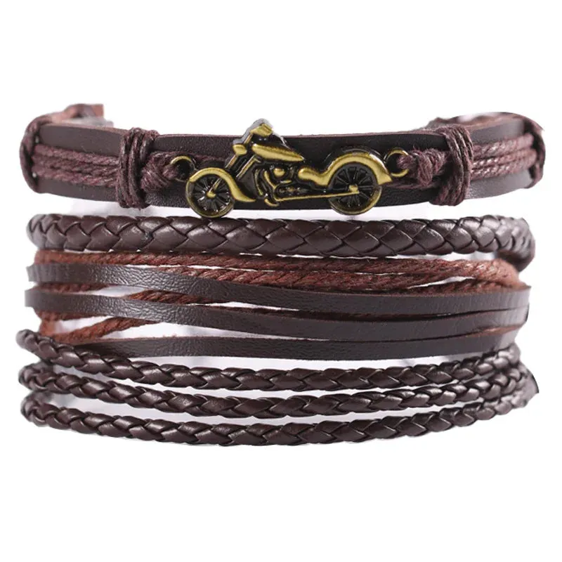 Vintage Style 4pcs Set Braided Wrap Leather Man Bracelets Life Tree Rudder Charm Wood Beads Bracelet for Men Trendy Jewelry Gift