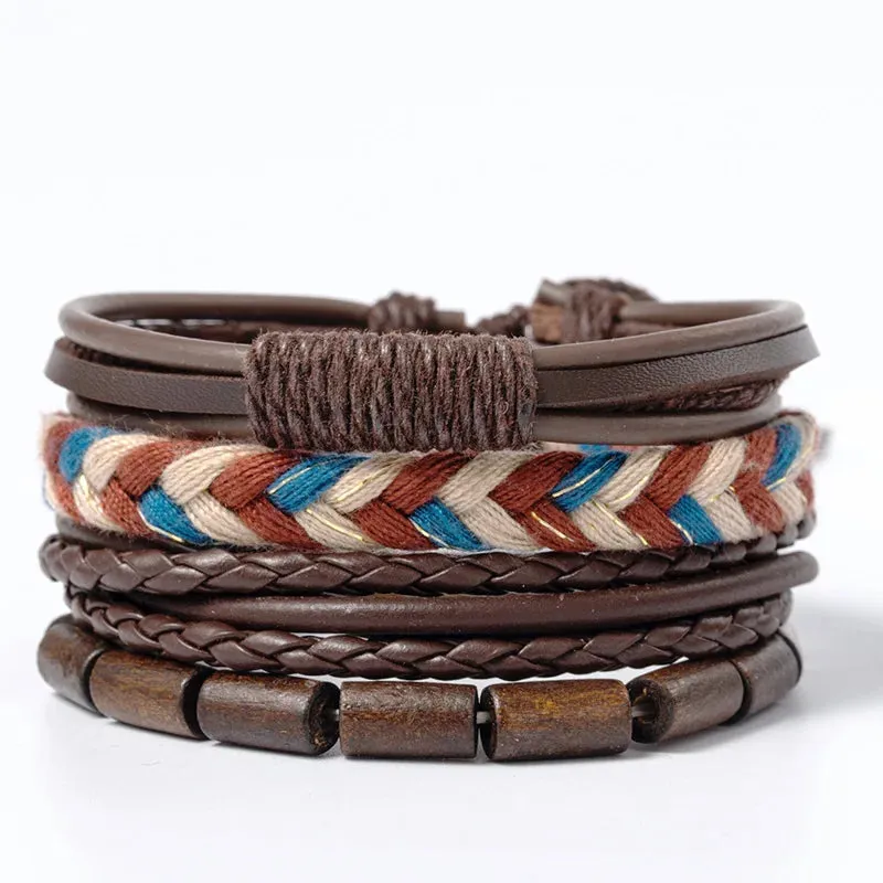 Vintage Style 4pcs Set Braided Wrap Leather Man Bracelets Life Tree Rudder Charm Wood Beads Bracelet for Men Trendy Jewelry Gift