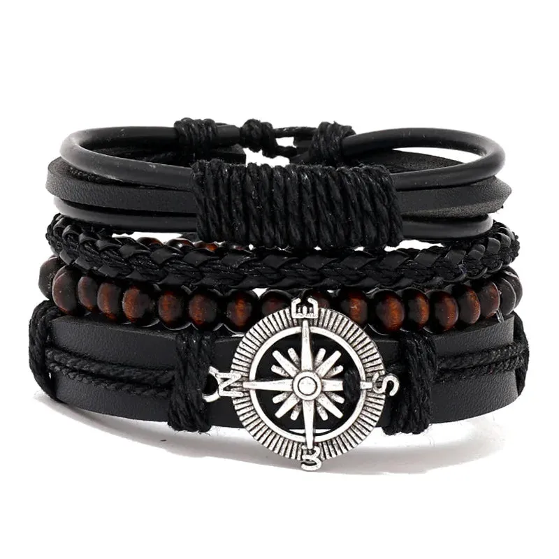 Vintage Style 4pcs Set Braided Wrap Leather Man Bracelets Life Tree Rudder Charm Wood Beads Bracelet for Men Trendy Jewelry Gift